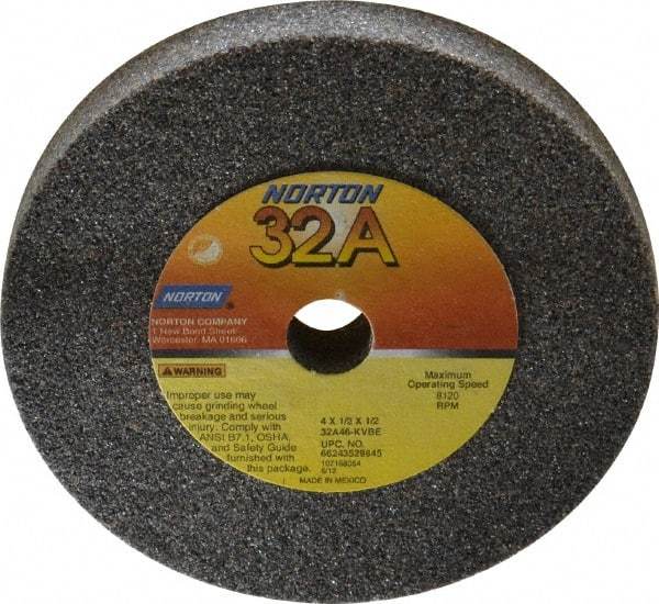 Norton - 46 Grit Aluminum Oxide Type 1 Internal Grinding Wheel - 4" Diam x 1/2" Hole x 1/2" Thick, 8,120 Max RPM, Type 1 Coarse Grade, K Hardness, Vitrified Bond, No Recess - Americas Industrial Supply