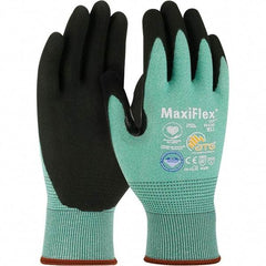 ATG - Size L, ANSI Cut Lvl A2, Puncture Lvl 2, Abrasion Lvl 4, Micro-Foam Nitrile Coated Dyneema Diamond Technology Cut Resistant Gloves - 8.8" Long, Palm & Fingers Coated, Continuous Knit Cuff, Green/Black, Paired - Americas Industrial Supply