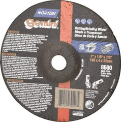 Norton - 7" Wheel Diam, 1/8" Wheel Thickness, 7/8" Arbor Hole, Type 27 Depressed Center Wheel - Aluminum Oxide, 8,600 Max RPM, Compatible with Angle Grinder - Americas Industrial Supply