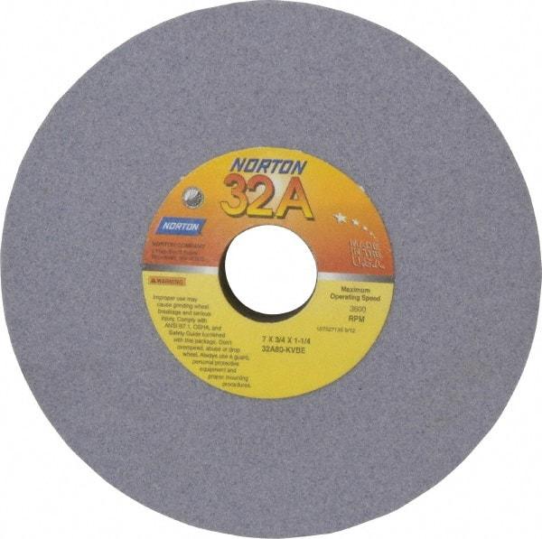 Norton - 7" Diam x 1-1/4" Hole x 3/4" Thick, K Hardness, 80 Grit Surface Grinding Wheel - Aluminum Oxide, Medium Grade, 3,600 Max RPM, Vitrified Bond - Americas Industrial Supply
