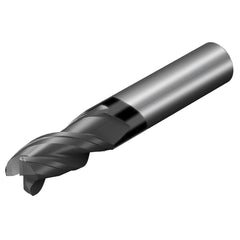 Corner Radius End Mill: 0.219″ Dia, 0.438″ LOC, 0.018″ Radius, 3 Flutes, Solid Carbide 2-1/2″ OAL, 1/4″ Shank Dia, 38 ° Helix, AlTiN Coated, Corner Radius End, Centercutting, Series CoroMill Dura