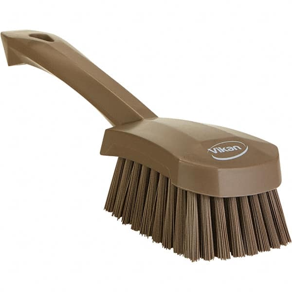 Vikan - 1.3" Bristle Length, Polyester Scrub Brush - 4-1/4" Long x 2-3/4" Wide Head, 10" OAL, Ergonomic Handle, Brown, Polypropylene Block - Americas Industrial Supply