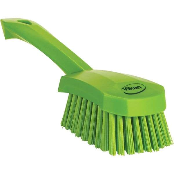 Vikan - 1.3" Bristle Length, Polyester Scrub Brush - 4-1/4" Long x 2-3/4" Wide Head, 10" OAL, Ergonomic Handle, Green, Polypropylene Block - Americas Industrial Supply
