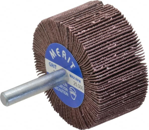 Merit Abrasives - 2" Diam x 1" Face Width, Very Fine Ceramic Alumina Coated Mounted Flap Wheel - 1/4" Shank Mount, 180 Grit, Cloth Backing, 25,000 Max RPM - Americas Industrial Supply
