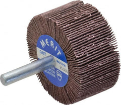 Merit Abrasives - 2" Diam x 1" Face Width, Very Fine Ceramic Alumina Coated Mounted Flap Wheel - 1/4" Shank Mount, 180 Grit, Cloth Backing, 25,000 Max RPM - Americas Industrial Supply