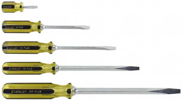 Stanley - 5 Piece Slotted & Stubby Screwdriver Set - Blade Sizes: Length 1-1/2, 4, 6, 8 & 12, Width 1/4, 5/16 & 3/8 - Americas Industrial Supply