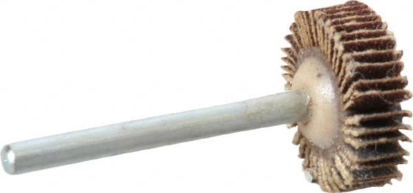 Merit Abrasives - 3/4" Diam x 3/16" Face Width, Fine Aluminum Oxide Coated Mounted Flap Wheel - 1/8" Shank Mount, 120 Grit, Cloth Backing, 35,000 Max RPM - Americas Industrial Supply