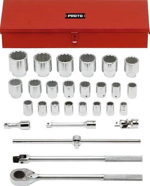 Proto - 28 Piece 3/4" Drive Chrome Finish Socket Set - 12 Points, 21mm to 60mm Range, Metric Measurement Standard - Americas Industrial Supply