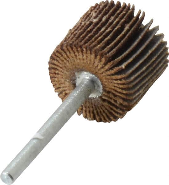 Merit Abrasives - 3/4" Diam x 5/8" Face Width, Medium Aluminum Oxide Coated Mounted Flap Wheel - 1/8" Shank Mount, 80 Grit, Cloth Backing, 35,000 Max RPM - Americas Industrial Supply