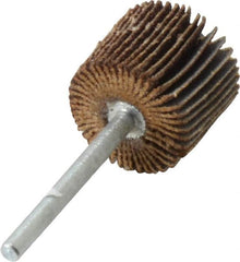 Merit Abrasives - 3/4" Diam x 5/8" Face Width, Medium Aluminum Oxide Coated Mounted Flap Wheel - 1/8" Shank Mount, 80 Grit, Cloth Backing, 35,000 Max RPM - Americas Industrial Supply