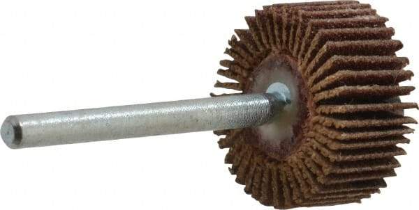 Merit Abrasives - 3/4" Diam x 3/8" Face Width, Fine Aluminum Oxide Coated Mounted Flap Wheel - 1/8" Shank Mount, 120 Grit, Cloth Backing, 35,000 Max RPM - Americas Industrial Supply