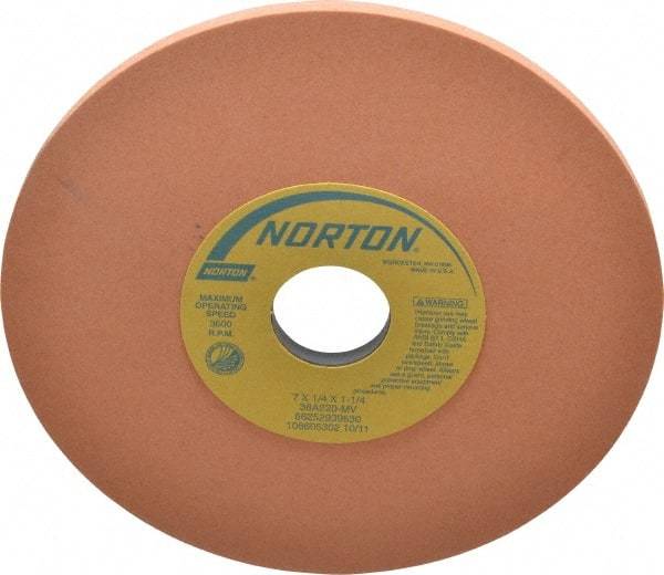 Norton - 7" Diam x 1-1/4" Hole x 1/4" Thick, M Hardness, 220 Grit Surface Grinding Wheel - Aluminum Oxide, Type 1, Very Fine Grade, 3,600 Max RPM, Vitrified Bond, No Recess - Americas Industrial Supply