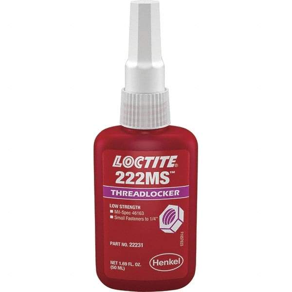 Loctite - 50 mL Bottle, Purple, Low Strength Liquid Threadlocker - Series 222, 24 hr Full Cure Time, Hand Tool Removal - Americas Industrial Supply