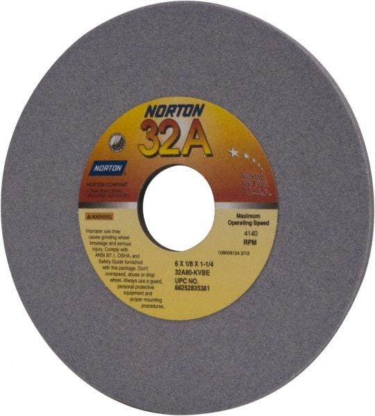 Norton - 6" Diam x 1-1/4" Hole x 1/8" Thick, K Hardness, 80 Grit Surface Grinding Wheel - Aluminum Oxide, Type 1, Medium Grade, 4,140 Max RPM, Vitrified Bond, No Recess - Americas Industrial Supply