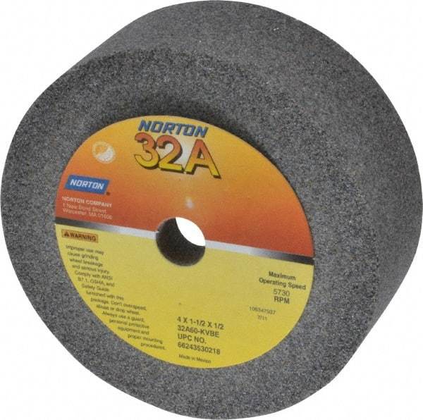 Norton - 4" Diam, 1/2" Hole Size, 1-1/2" Overall Thickness, 60 Grit, Type 6 Tool & Cutter Grinding Wheel - Medium Grade, Aluminum Oxide, K Hardness, Vitrified Bond, 5,730 RPM - Americas Industrial Supply