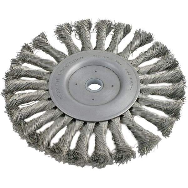 Brush Research Mfg. - 6" OD, 1/2 & 5/8" Arbor Hole, Knotted Stainless Steel Wheel Brush - 5/8" Face Width, 1-7/16" Trim Length, 8,000 RPM - Americas Industrial Supply