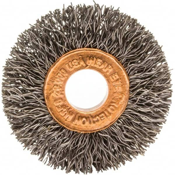 Brush Research Mfg. - 1-1/2" OD, 3/8" Arbor Hole, Crimped Carbon Wheel Brush - 1/4" Face Width, 3/8" Trim Length, 20,000 RPM - Americas Industrial Supply