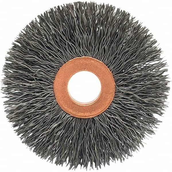 Brush Research Mfg. - 3-1/2" OD, 1/2" Arbor Hole, Crimped Stainless Steel Wheel Brush - 5/8" Face Width, 5/16" Trim Length, 20,000 RPM - Americas Industrial Supply