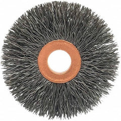 Brush Research Mfg. - 3-1/2" OD, 1/2" Arbor Hole, Crimped Carbon Wheel Brush - 5/8" Face Width, 5/16" Trim Length, 20,000 RPM - Americas Industrial Supply