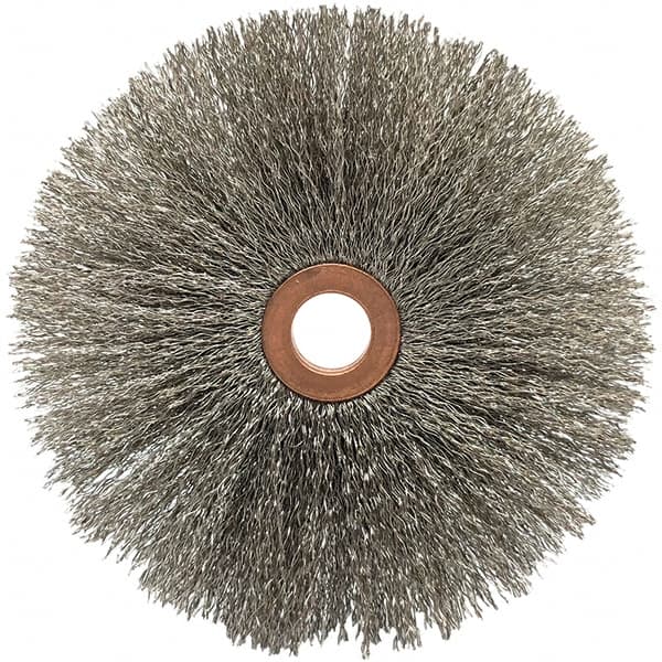 Brush Research Mfg. - 4" OD, 1/2" Arbor Hole, Crimped Stainless Steel Wheel Brush - 5/8" Face Width, 1-9/16" Trim Length, 20,000 RPM - Americas Industrial Supply