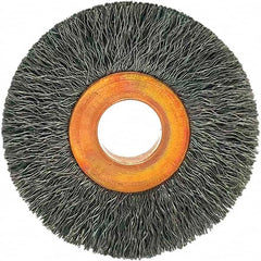 Brush Research Mfg. - 1-1/2" OD, 3/8" Arbor Hole, Crimped Carbon Wheel Brush - 1/4" Face Width, 3/8" Trim Length, 20,000 RPM - Americas Industrial Supply