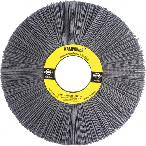 Brush Research Mfg. - 8" OD, 2" Arbor Hole, Crimped Abrasive Nylon Wheel Brush - 1" Face Width, 2-1/2" Trim Length, 3,600 RPM - Americas Industrial Supply