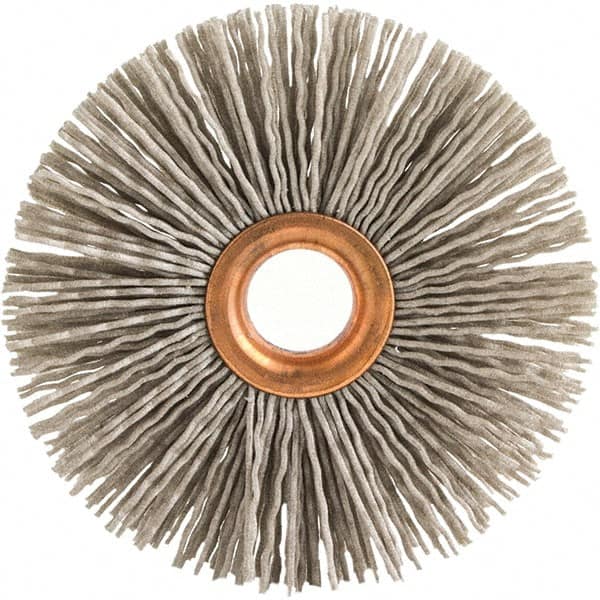 Brush Research Mfg. - 3" OD, 1/2" Arbor Hole, Crimped Abrasive Nylon Wheel Brush - 1/2" Face Width, 1" Trim Length, 20,000 RPM - Americas Industrial Supply