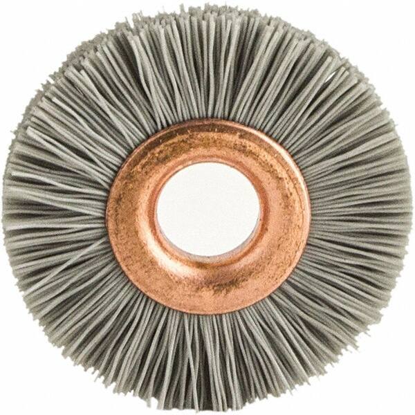 Brush Research Mfg. - 1-1/2" OD, 3/8" Arbor Hole, Crimped Abrasive Nylon Wheel Brush - 5/16" Face Width, 3/8" Trim Length, 20,000 RPM - Americas Industrial Supply