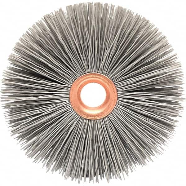 Brush Research Mfg. - 3" OD, 5/8" Arbor Hole, Crimped Abrasive Nylon Wheel Brush - 1/2" Face Width, 1" Trim Length, 20,000 RPM - Americas Industrial Supply