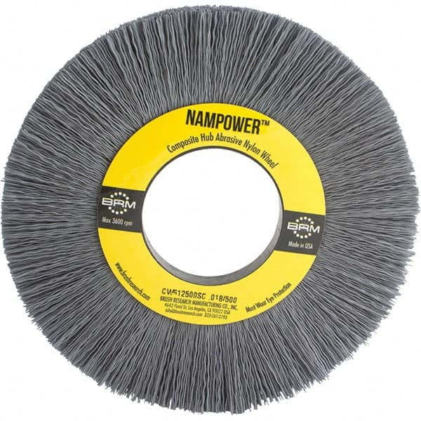 Brush Research Mfg. - 6" OD, 2" Arbor Hole, Crimped Abrasive Nylon Wheel Brush - 1/2" Face Width, 1-1/2" Trim Length, 3,600 RPM - Americas Industrial Supply