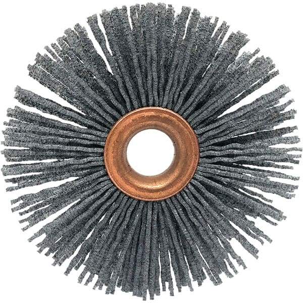 Brush Research Mfg. - 1-1/2" OD, 3/8" Arbor Hole, Crimped Abrasive Nylon Wheel Brush - 5/16" Face Width, 3/8" Trim Length, 20,000 RPM - Americas Industrial Supply