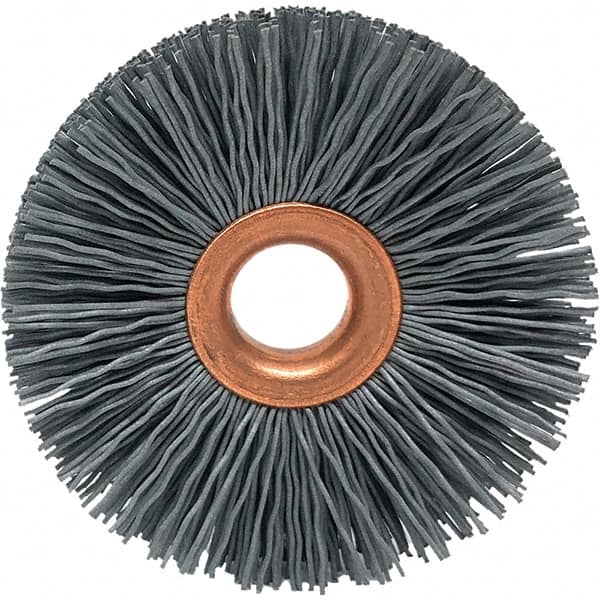 Brush Research Mfg. - 1-1/2" OD, 3/8" Arbor Hole, Crimped Abrasive Nylon Wheel Brush - 5/16" Face Width, 3/8" Trim Length, 20,000 RPM - Americas Industrial Supply