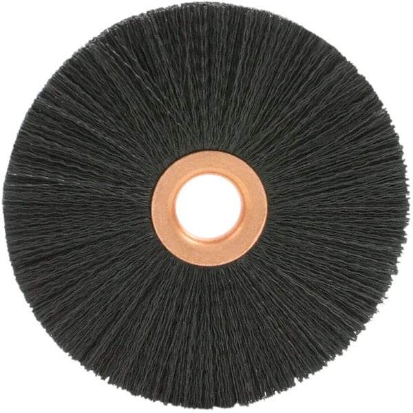 Brush Research Mfg. - 1-3/8" OD, 3/8" Arbor Hole, Crimped 6-12 Nylon Wheel Brush - 1/4" Face Width, 1/4" Trim Length, 20,000 RPM - Americas Industrial Supply