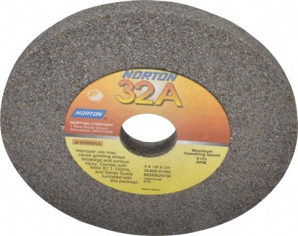 Norton - 60 Grit Aluminum Oxide Type 1 Internal Grinding Wheel - 4" Diam x 3/4" Hole x 1/4" Thick, 8,120 Max RPM, Type 1 Medium Grade, K Hardness, Vitrified Bond, No Recess - Americas Industrial Supply