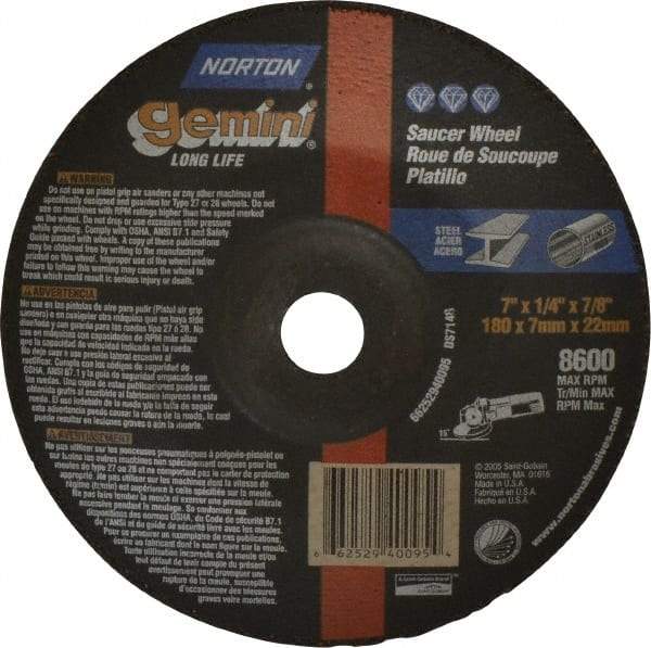 Norton - 24 Grit, 7" Wheel Diam, 1/4" Wheel Thickness, 7/8" Arbor Hole, Type 28 Depressed Center Wheel - Aluminum Oxide, 8,600 Max RPM, Compatible with Angle Grinder - Americas Industrial Supply