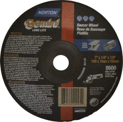 Norton - 24 Grit, 7" Wheel Diam, 1/4" Wheel Thickness, 7/8" Arbor Hole, Type 28 Depressed Center Wheel - Aluminum Oxide, 8,600 Max RPM, Compatible with Angle Grinder - Americas Industrial Supply