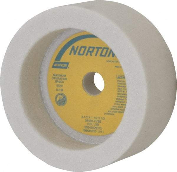 Norton - 3-1/2" Diam, 1/2" Hole Size, 1-1/2" Overall Thickness, 60 Grit, Type 6 Tool & Cutter Grinding Wheel - Medium Grade, Aluminum Oxide, K Hardness, Vitrified Bond, 6,550 RPM - Americas Industrial Supply