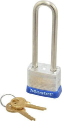 Master Lock - 2-1/2" Shackle Clearance, Keyed Different Padlock - 1/2" Shackle Width, 3/16" Shackle Diam, Laminated Steel - Americas Industrial Supply