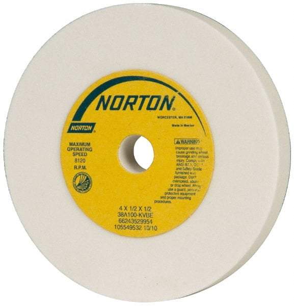 Norton - 100 Grit Aluminum Oxide Type 1 Internal Grinding Wheel - 4" Diam x 1/2" Hole x 1/2" Thick, 8,120 Max RPM, Type 1 Fine Grade, K Hardness, Vitrified Bond, No Recess - Americas Industrial Supply
