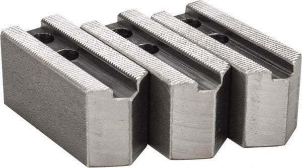 H & R Manufacturing - 1.5mm x 60° Serrated Attachment, Square Soft Lathe Chuck Jaw - 3 Jaws, Steel, 0.787" Btw Mount Hole Ctrs, 3-1/8" Long x 1-1/4" Wide x 1-1/2" High, 0.472" Groove, 10mm Fastener - Americas Industrial Supply