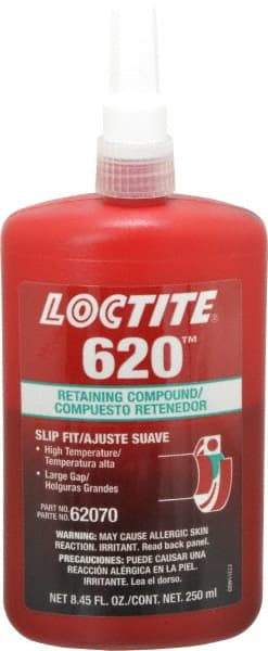 Loctite - 250 mL Bottle, Green, Medium Strength Liquid Retaining Compound - Series 620, 24 hr Full Cure Time, Heat Removal - Americas Industrial Supply