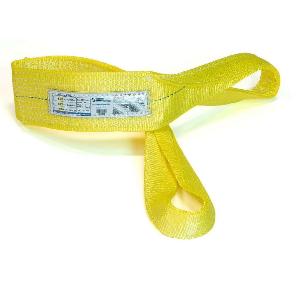 Slings & Tiedowns (Load-Rated); Sling Type: Eye & Eye; Length (Feet): 14; Vertical Capacity (Lb.): 6400; Choker Capacity (Lb.): 5000; Width (Inch): 4; Basket Capacity (Lb.): 12800; Eye Type: Twisted Eye; Sling Material: Polyester; Sling Width: 4 in; Eye L