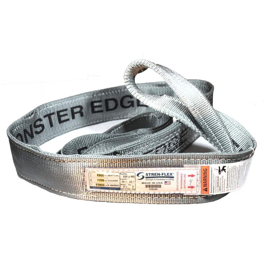 Slings & Tiedowns (Load-Rated); Sling Type: Eye & Eye; Length (Feet): 18; Vertical Capacity (Lb.): 8900; Choker Capacity (Lb.): 7200; Width (Inch): 3; Basket Capacity (Lb.): 17800; Eye Type: Twisted Eye; Sling Material: Nylon; Sling Width: 3 in; Eye Lengt