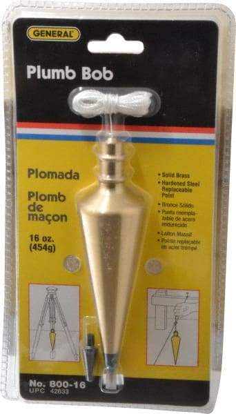 General - 5-3/4 Inch Long, 1-1/2 Inch Diameter Brass Plumb Bob - 16 Ounce, Has Replacable Tip - Americas Industrial Supply