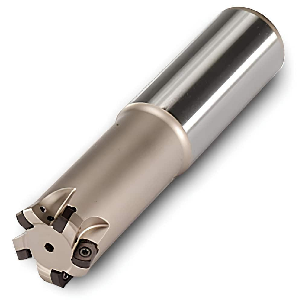 Indexable High-Feed End Mill: 32 mm Cut Dia, 1.25 mm Cylindrical Shank Uses 4 UNLU Inserts, 1.52 mm Max Depth, 220 mm OAL, Through Coolant