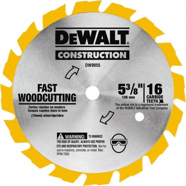 DeWALT - 5-3/8" Diam, 0.3937" Arbor Hole Diam, 16 Tooth Wet & Dry Cut Saw Blade - Tungsten Carbide-Tipped, Fast Cutting Action, Diamond Arbor - Americas Industrial Supply