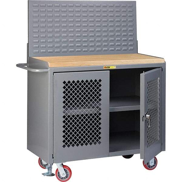 Little Giant - 3,600 Lb Capacity, 3 Shelf, 2 Door Mobile Bench Cabinet with Louvered Panel - 41" Wide x 24" Deep x 43" High, Steel, Gray - Americas Industrial Supply