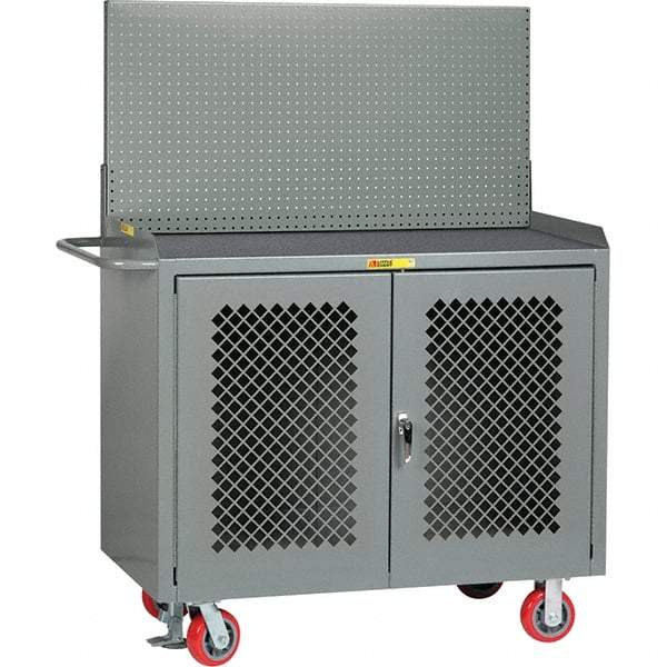 Little Giant - 3,600 Lb Capacity, 2 Shelf, 2 Door Mobile Bench Cabinet with Pegboard Panel - 53" Wide x 24" Deep x 43" High, Steel, Gray - Americas Industrial Supply