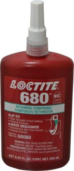 Loctite - 250 mL Bottle, Green, High Strength Liquid Retaining Compound - Series 680, 24 hr Full Cure Time, Hand Tool Removal - Americas Industrial Supply