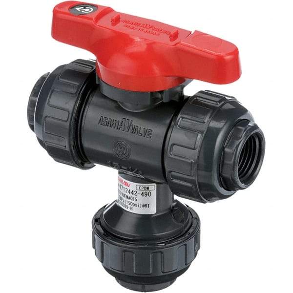 Asahi/America - 4" Pipe, Full Port, PVC Multiport Ball Valve - Three Way, Threaded Ends, Tee Handle - Americas Industrial Supply